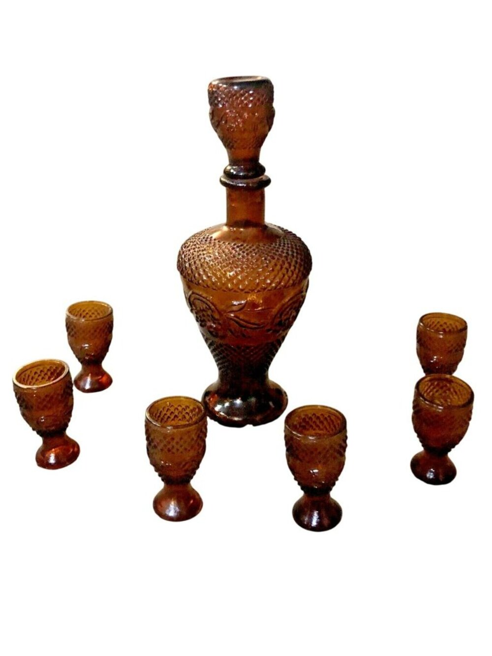 Vintage Brown Pressed Glass Decanter Stopper 6 Cordial Glasses Hobnail Diamond